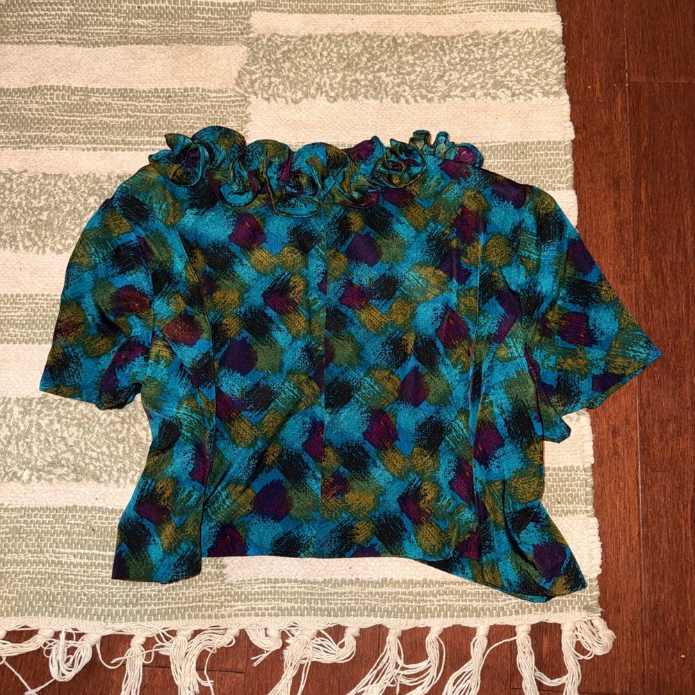 Danny & Nicole Blue and Green Ruffled Blouse